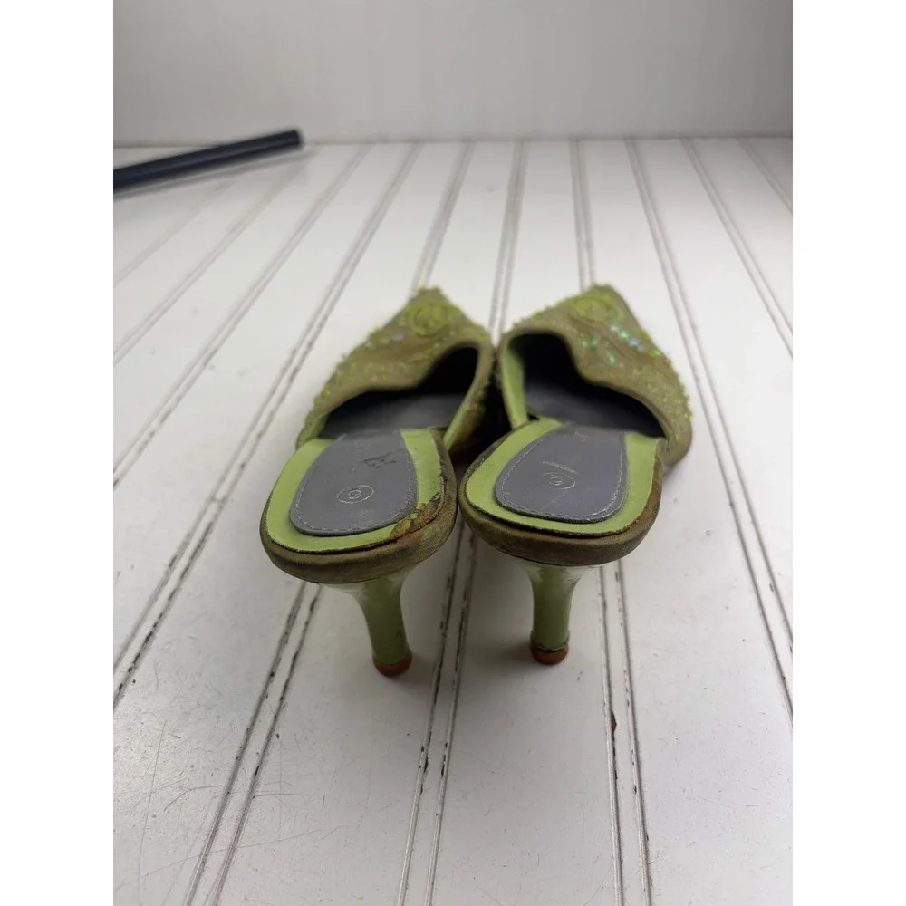 Anne Michelle Vintage Y2K Green Beaded Floral Satin Kitten Heels Women's Size 6